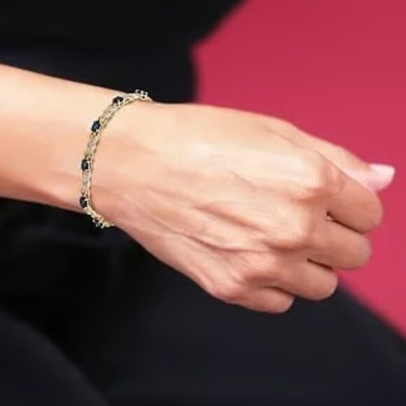 18KT Yellow Gold Sterling Silver Blue & White Cubic Zirconi Bracelet $225 8" NWB - Picture 2 of 16